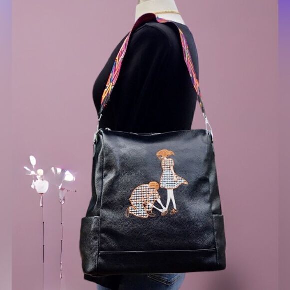 BACKPACK BLACK PEBBLE LEATHER TWO COLOR GUITAR STRAP SCHOOL WORK OFFICE … - Picture 3 of 13